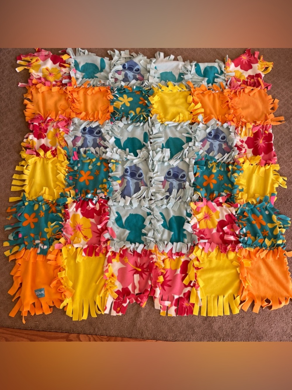 Hand-Tied Fleece Throw Blanket with Bright Tropical Colors